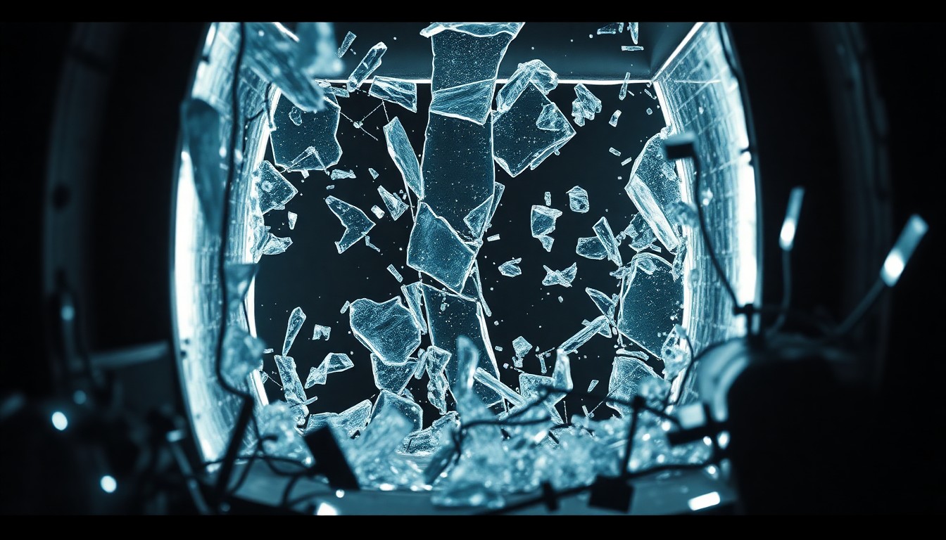 An abstract close-up image of shattered glass and twisted metal, captured in dramatic high-contrast lighting to convey the chaos and destruction of the Paradise bunker's collapse.