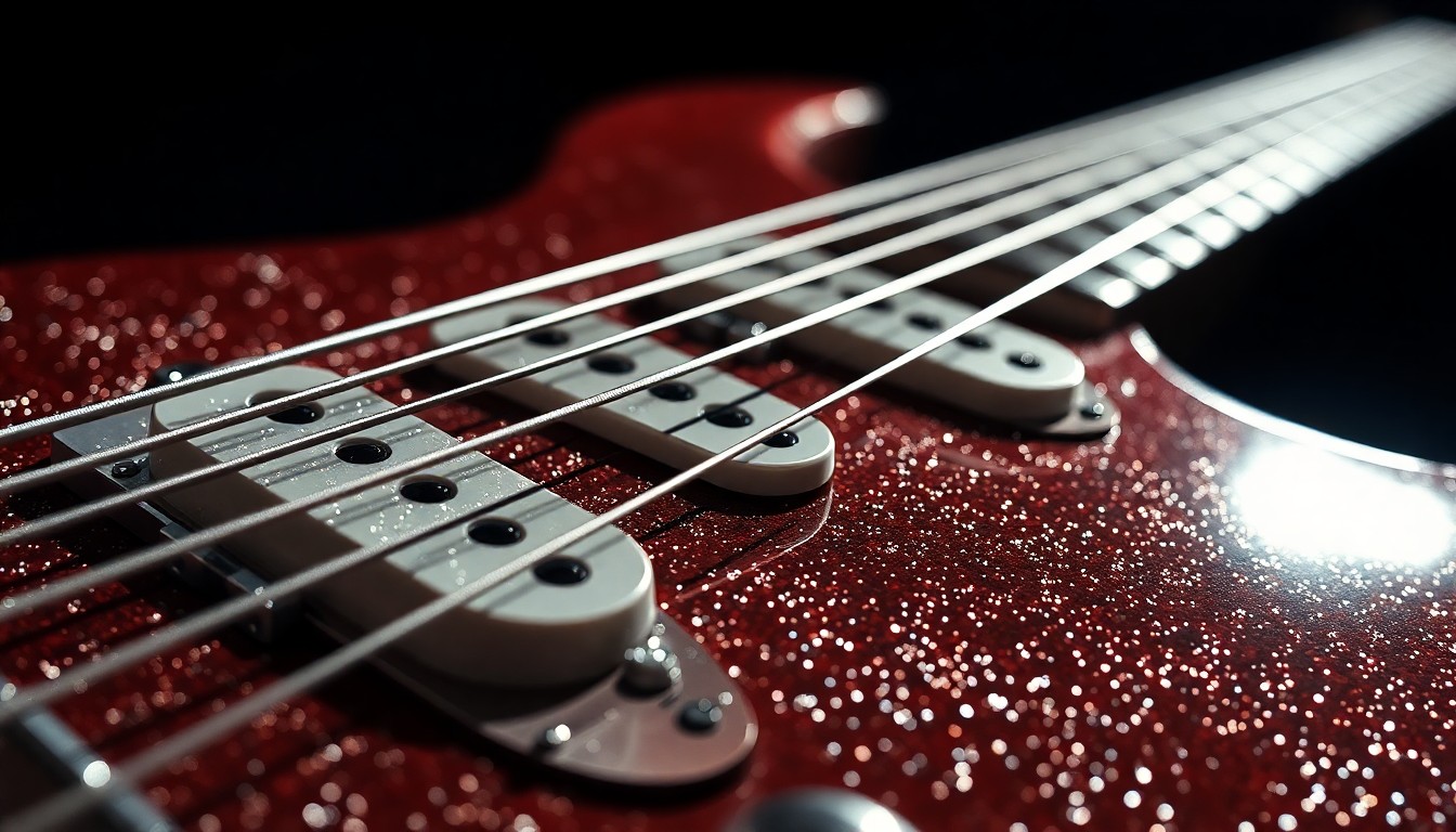 An extreme close-up photograph of the shimmering, textured surface of an electric guitar string, captured in dramatic high-contrast studio lighting to create a luxurious, high-fashion aesthetic.