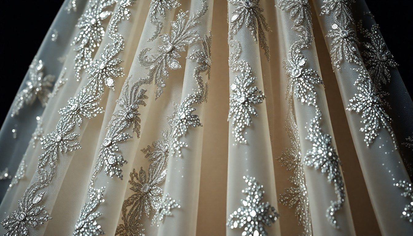 An extreme close-up photograph of shimmering, sequined wedding dress fabric, capturing the glamour and opulence of a celebrity wedding.