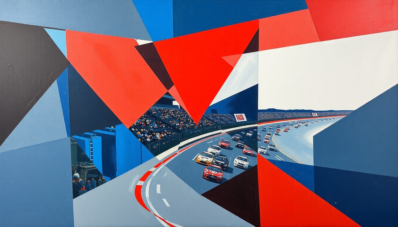 A cubist, geometric painting depicting a NASCAR race at Martinsville Speedway, with the cars and track broken down into sharp, overlapping planes of color in blues, reds, and grays, conveying the intensity and drama of the competition.