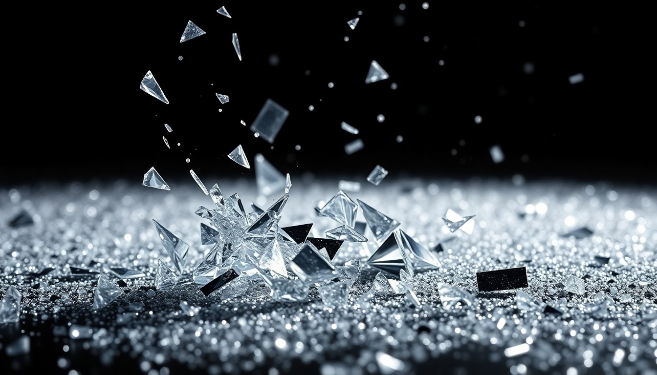 An extreme close-up photograph of shattered glass and glittering sequins in high-contrast studio lighting, conceptually representing the glamour and tragedy surrounding a beloved celebrity's passing.