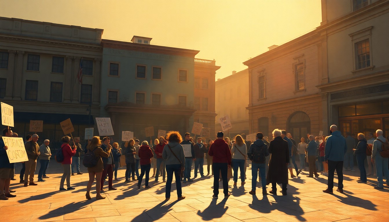 A serene, painterly scene of a group of people holding protest signs in a town square, the warm light and deep shadows creating a contemplative, nostalgic mood.