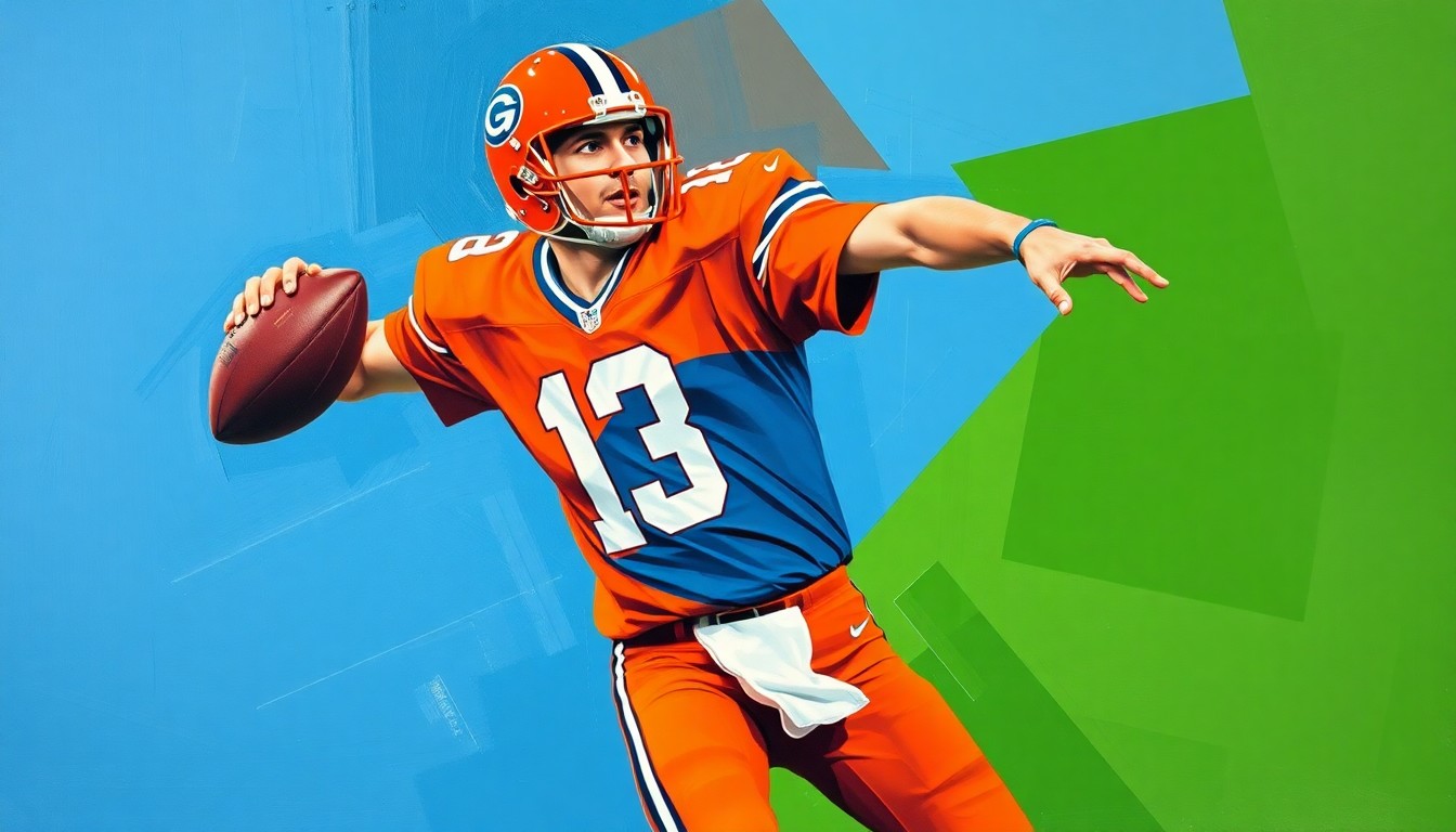 A fragmented, cubist-style painting depicting a football player in the motion of throwing a pass, with sharp geometric shapes in vivid colors representing the dynamic energy of the sport.