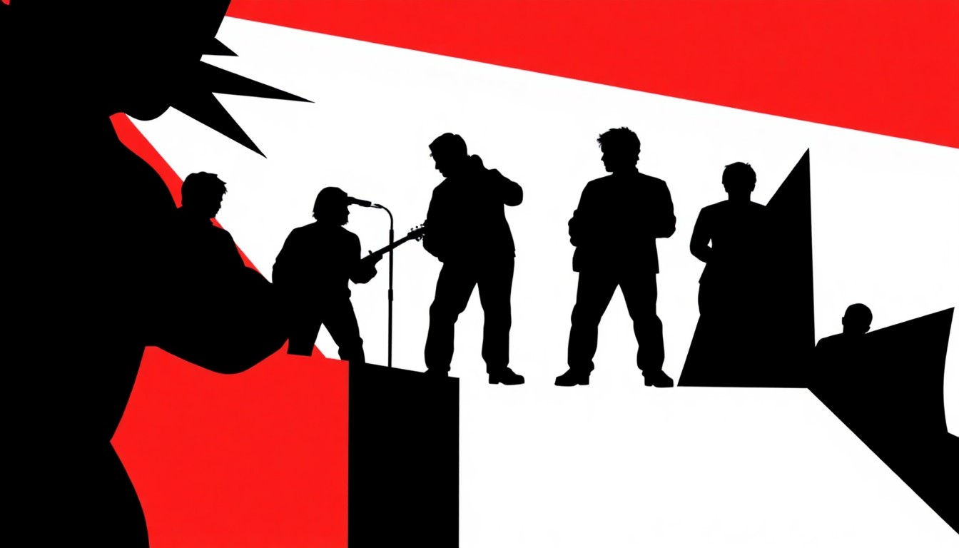 An abstract, minimalist illustration featuring stark black silhouettes of various musical instruments and shapes, set against a high-contrast background of bold red and white colors, conveying the innovative and adventurous spirit of San Francisco's experimental music scene.