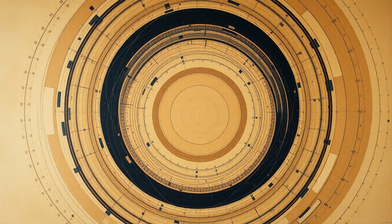 A vibrant abstract painting featuring sweeping geometric shapes and intersecting waveforms in earthy tones, conceptually representing the interconnected forces of scientific discovery and innovation.