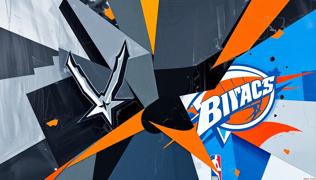 A fragmented, cubist-style painting depicting the action and energy of an NBA playoff game, with the colors and shapes of the Spurs and Thunder uniforms colliding in a dynamic, abstract composition.
