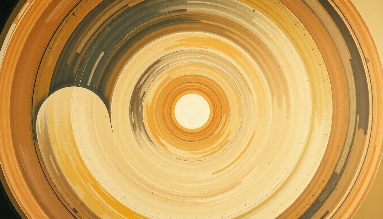 A highly textured, abstract painting in earthy tones of green, brown, and blue, featuring sweeping geometric shapes and intersecting waveforms that conceptually represent the complex scientific forces underlying climate change.