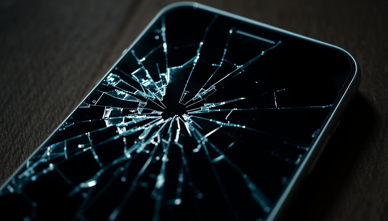 An extreme close-up photograph of a shattered smartphone screen, the cracked glass reflecting a harsh flash of light, conceptually representing the aftermath of a burglary.