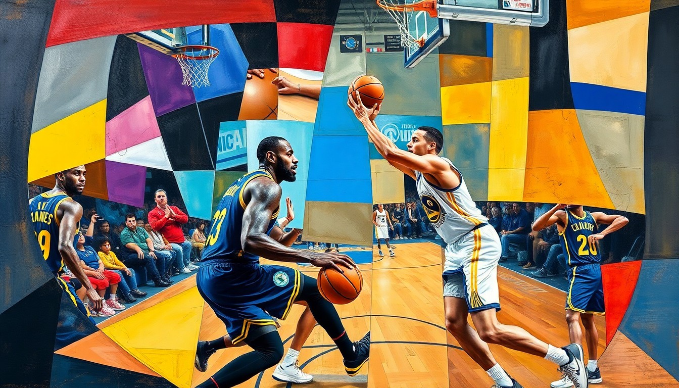 A cubist, geometric painting depicting the silhouettes of two basketball players in motion, their forms fractured and overlapping, representing the complex dynamics of a potential LeBron James-Stephen Curry duo on the Warriors.