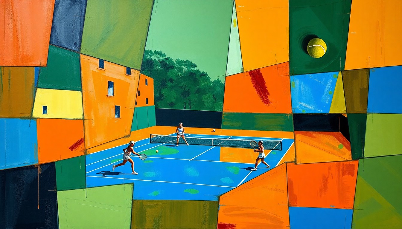 A cubist, fragmented painting depicting a women's tennis match on clay courts, with sharp geometric shapes in shades of green, orange, and blue.