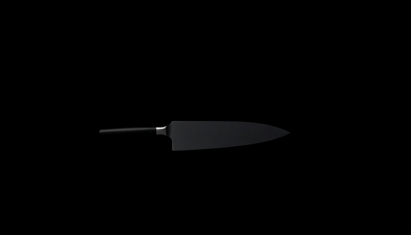 An extreme close-up photograph of a small kitchen knife against a pitch-black background, lit by a harsh, direct camera flash. The knife is the sole subject, conveying a stark, gritty, and investigative aesthetic.