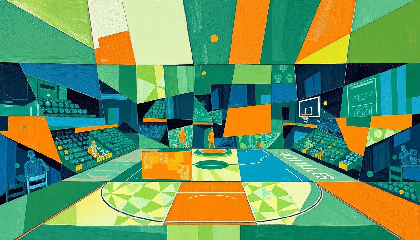 A cubist-style painting depicting a basketball game broken down into sharp, overlapping geometric shapes in shades of green, blue, and orange, conceptually representing the Celtics' need to adapt their strategy without their star player.