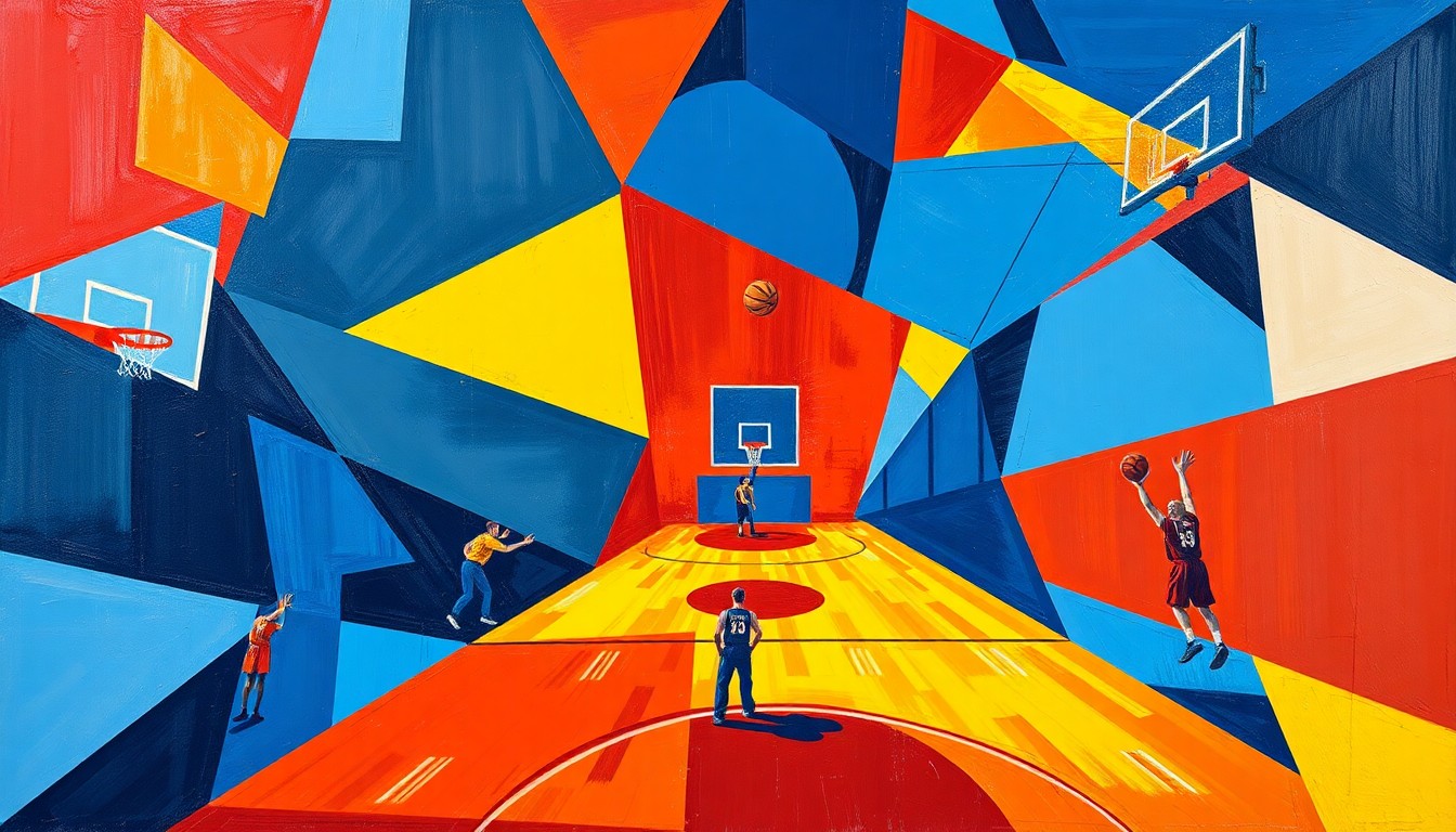 A cubist-style painting depicting a basketball game broken down into fragmented, overlapping geometric shapes in blue, red, and yellow, conveying the disjointed nature of the Pistons' roster changes.