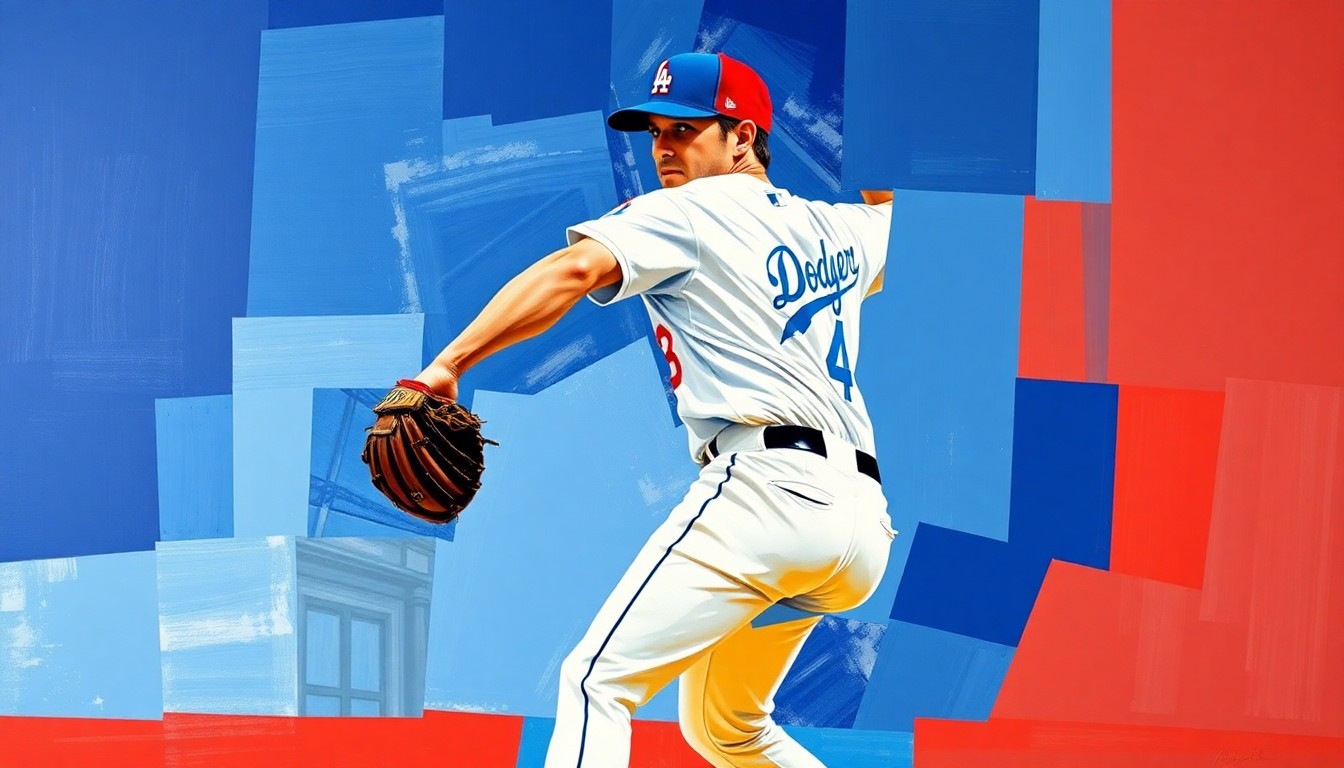 A fragmented, geometric painting in bold blues and reds depicting the motion of a baseball pitcher, conveying the dynamic energy of the Dodgers' relief corps.