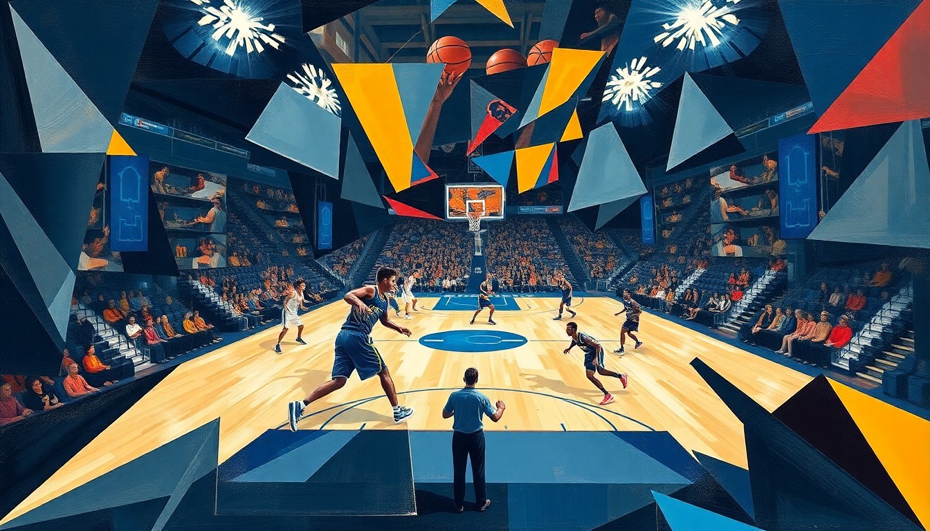 A cubist, geometric painting depicting the dynamic movements and energy of a college basketball game, with the players' forms abstracted into sharp, overlapping shapes and planes.