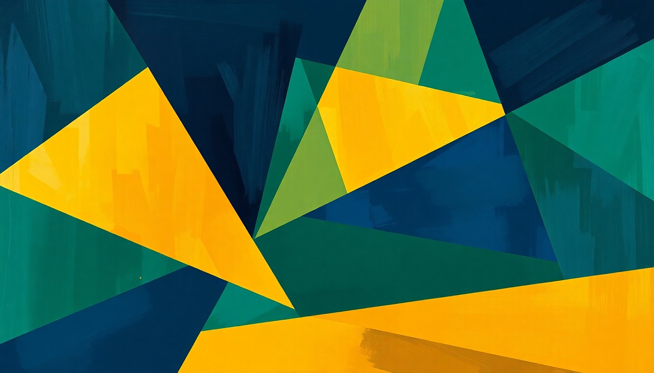 A cubist, geometric painting depicting an abstract basketball game, with sharp, overlapping planes of navy blue, forest green, and gold representing the fragmented and unpredictable nature of the Hawks' play-in tournament appearances.