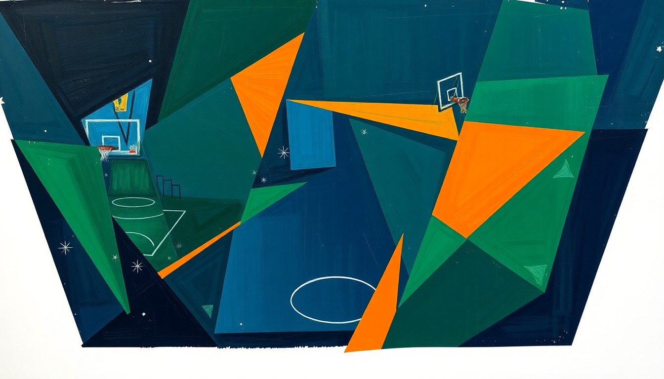 A cubist, geometric painting depicting a fragmented basketball game, with overlapping shapes and planes in shades of navy, green, and orange, conveying the analytical and data-driven approach the Comets are taking to improve their on-court performance.