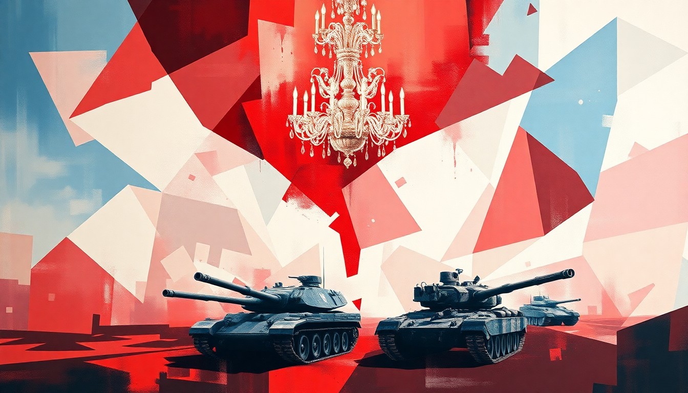 A vibrant, fractured painting in red, white, and blue depicting an abstract, overlapping image of a grand ballroom chandelier and military tanks, conceptually representing the tension between the president's focus on a lavish home renovation project and the ongoing military conflict.