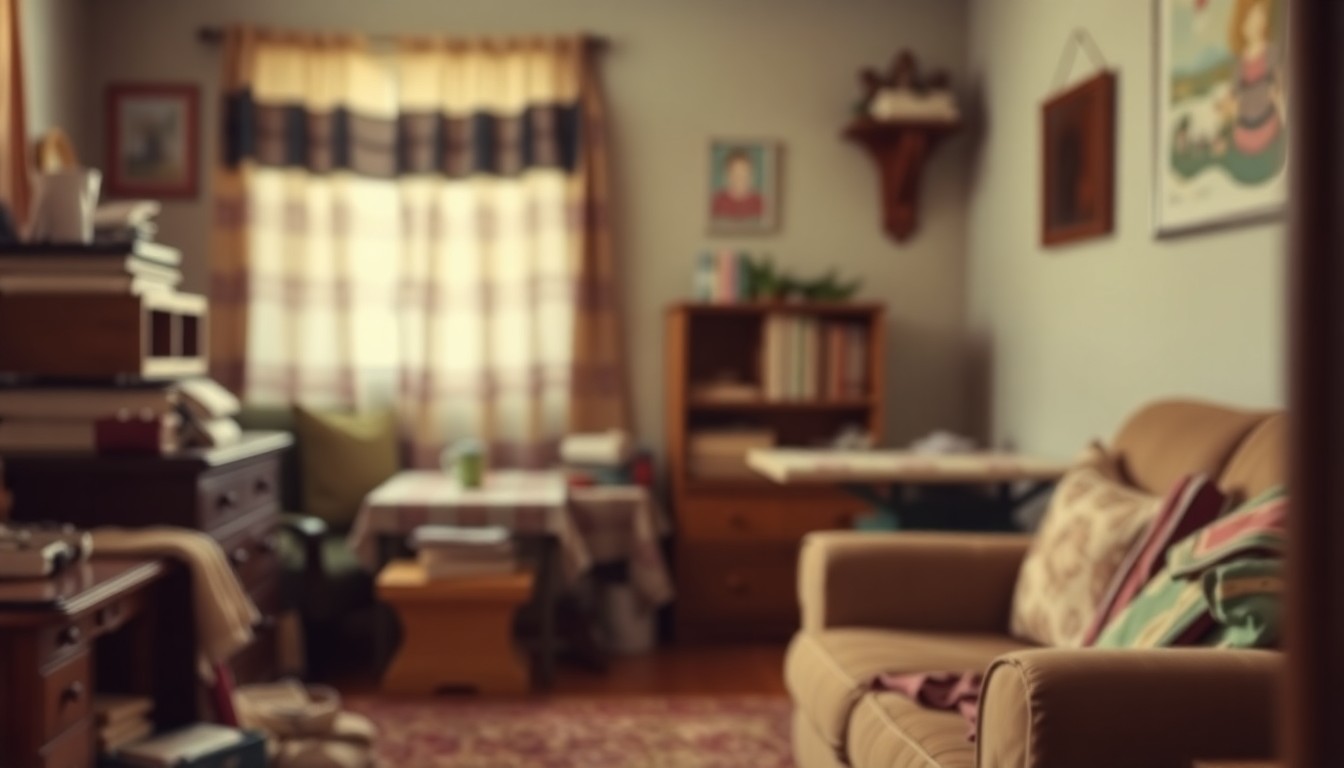 An extremely abstracted, out-of-focus photograph in soft, warm tones depicting a cozy, domestic scene with hints of sewing and quilting supplies, conceptually representing the quiet, creative life of Doris Lewis.