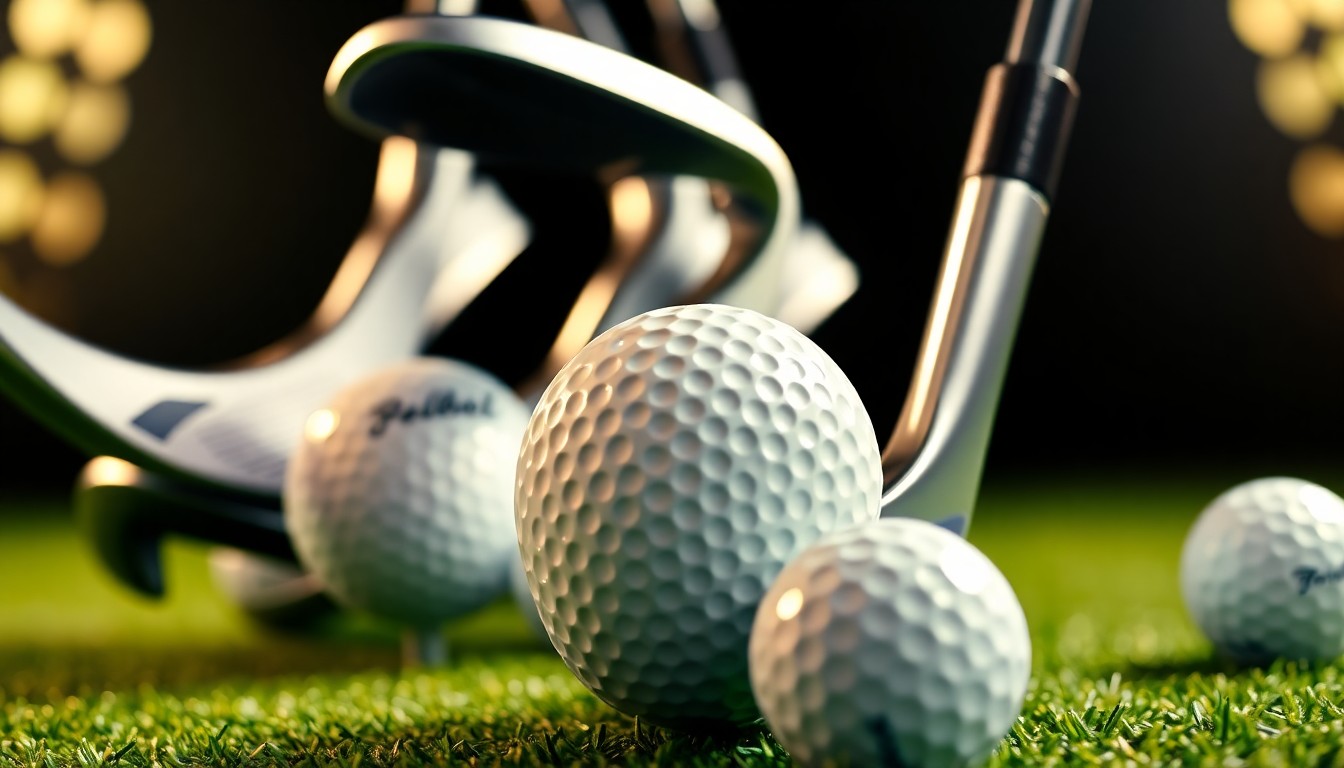 An abstract, close-up photograph of interlocking golf clubs and balls in dramatic, high-contrast studio lighting, conveying the glamour and intensity of the sport that connects this celebrity couple.