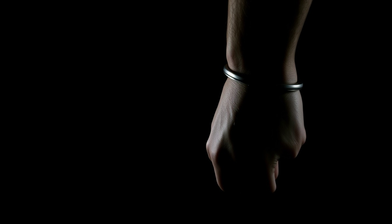 An extreme close-up photograph of a handcuffed wrist against a pitch-black background, conveying the serious and investigative nature of the arrest of a coach accused of sexual misconduct.