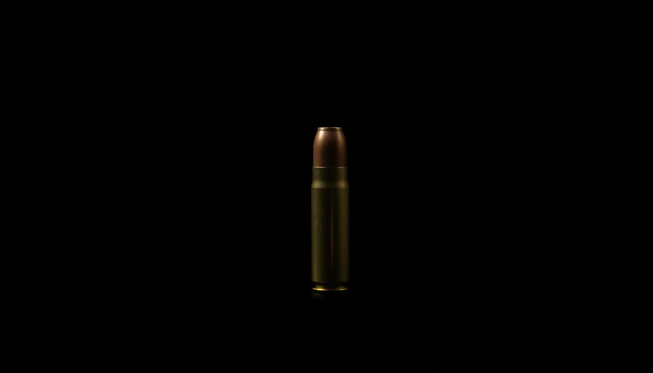 An extreme close-up photograph of a single bullet casing against a pitch-black background, lit by a harsh, direct camera flash, conceptually representing the investigation into a violent crime.