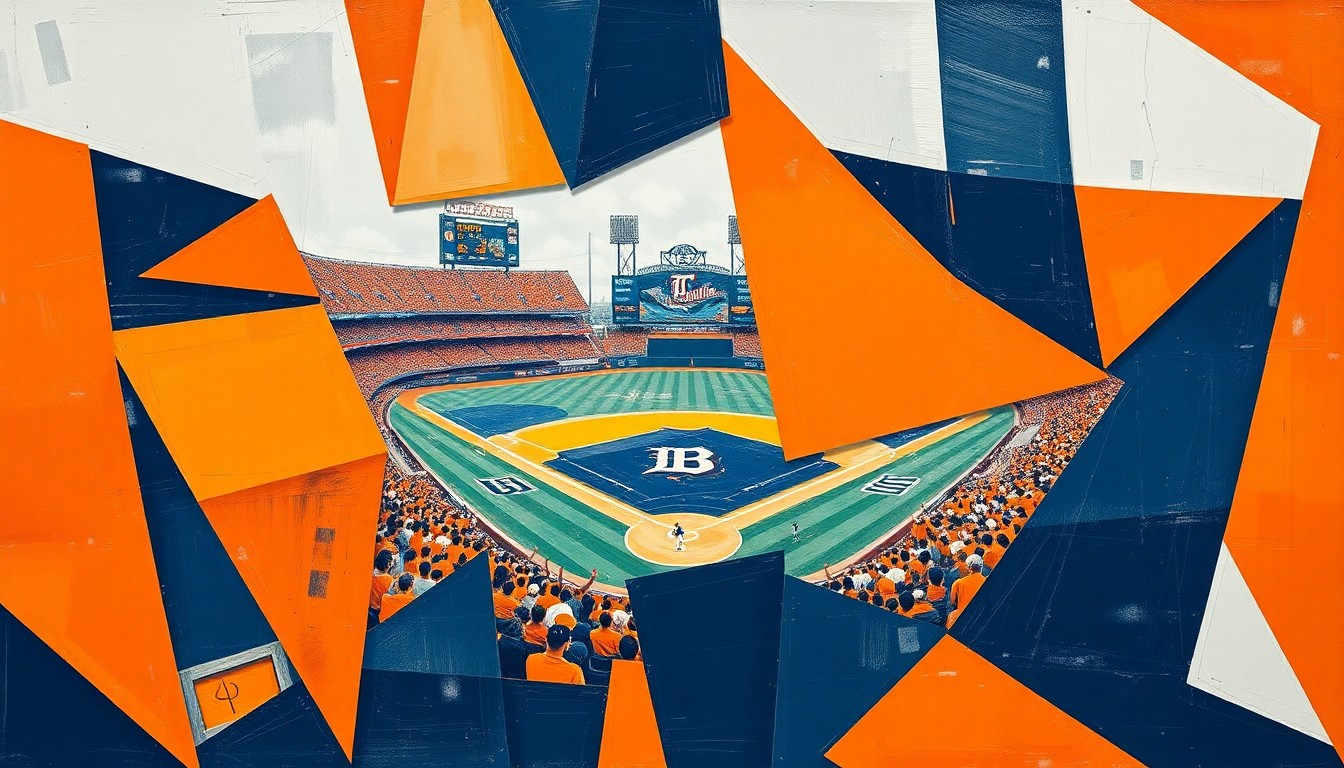 A cubist, geometric painting depicting a fractured, multi-angled view of a baseball game, with sharp planes of orange, navy blue, and white representing the dynamic energy of the sport.