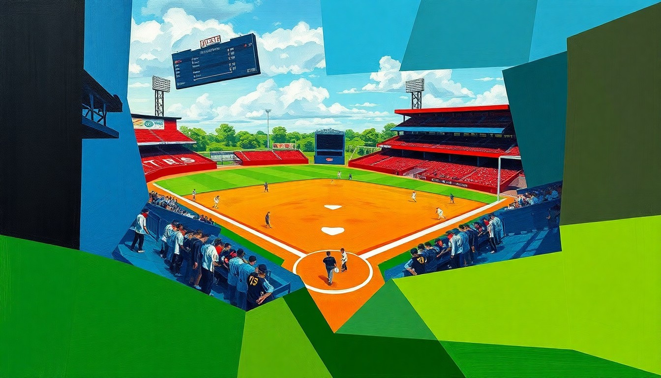 A cubist, geometric painting depicting a college softball game, with sharp, overlapping planes of color representing the action on the field.