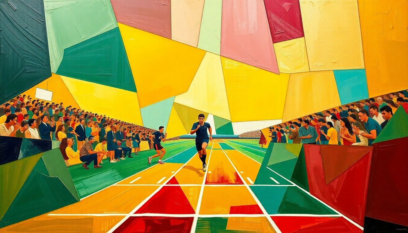 A cubist, geometric painting featuring overlapping planes of bright colors representing a track and field competition, capturing the dynamic energy and competitive spirit of the event.