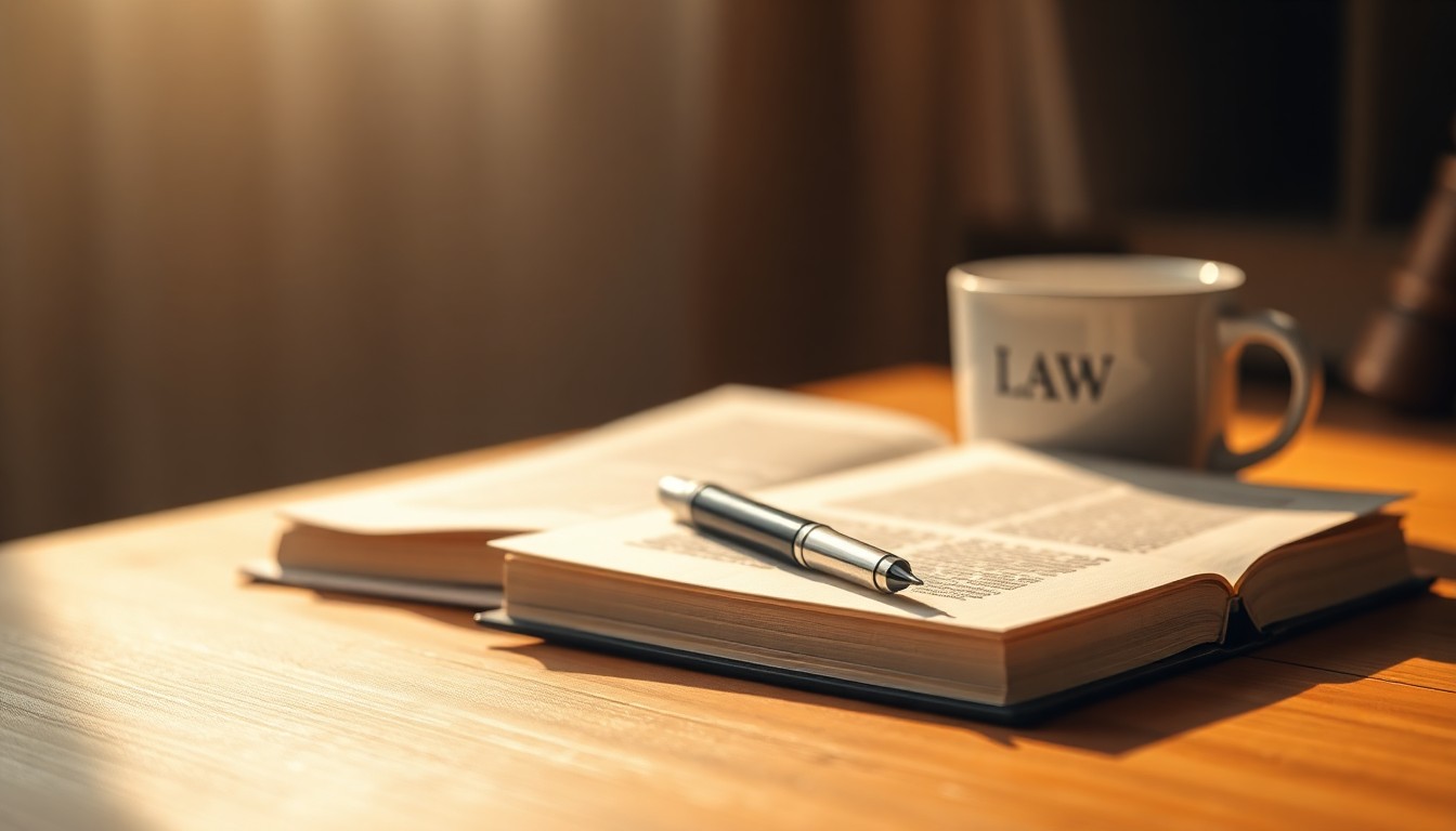 An abstract, out-of-focus photograph of a law book, pen, and coffee cup on a wooden desk, with soft pools of warm light and color creating a contemplative mood.
