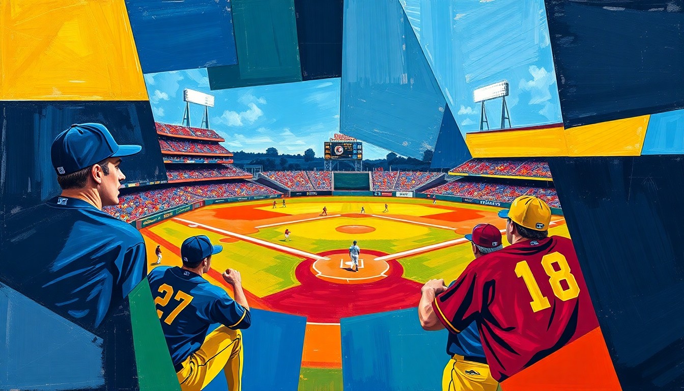 A fragmented, geometric painting depicting the dynamic action of a college baseball game, with sharp planes of navy blue, gold, maroon, and gold colors colliding to represent the competitive spirit of the teams.