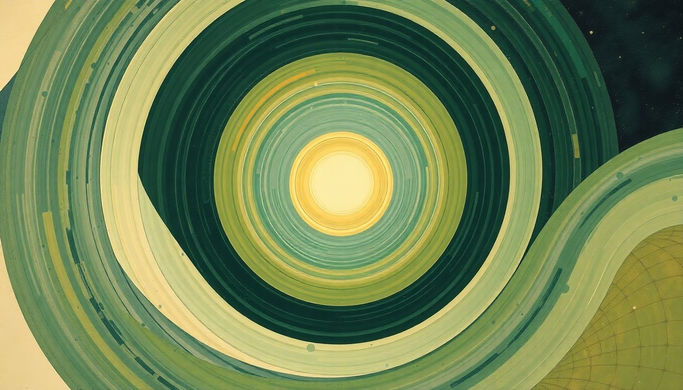 A bold, abstract painting in muted earth tones featuring sweeping geometric arcs, concentric circles, and precise spirals, conceptually representing the complex forces and concepts of the Artemis moon mission.