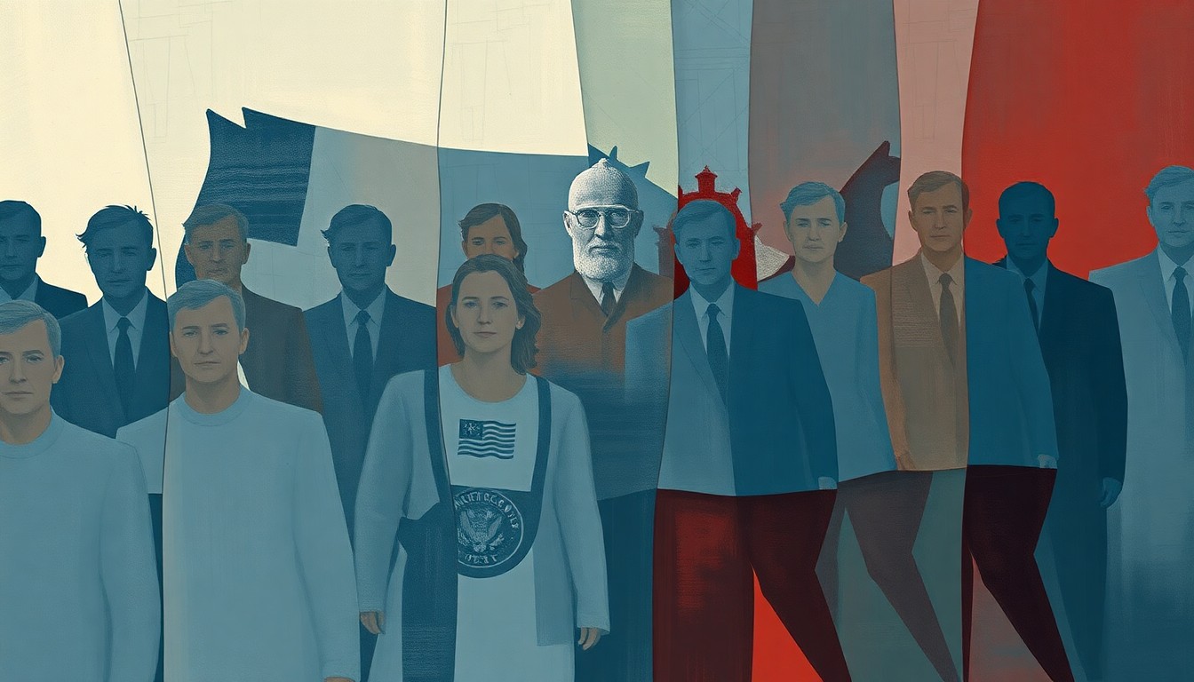 A fractured, abstract painting in muted blue, grey, and red tones, depicting an overlapping, geometric figure representing the U.S. government, conveying the chaotic and divisive nature of the immigration debate.