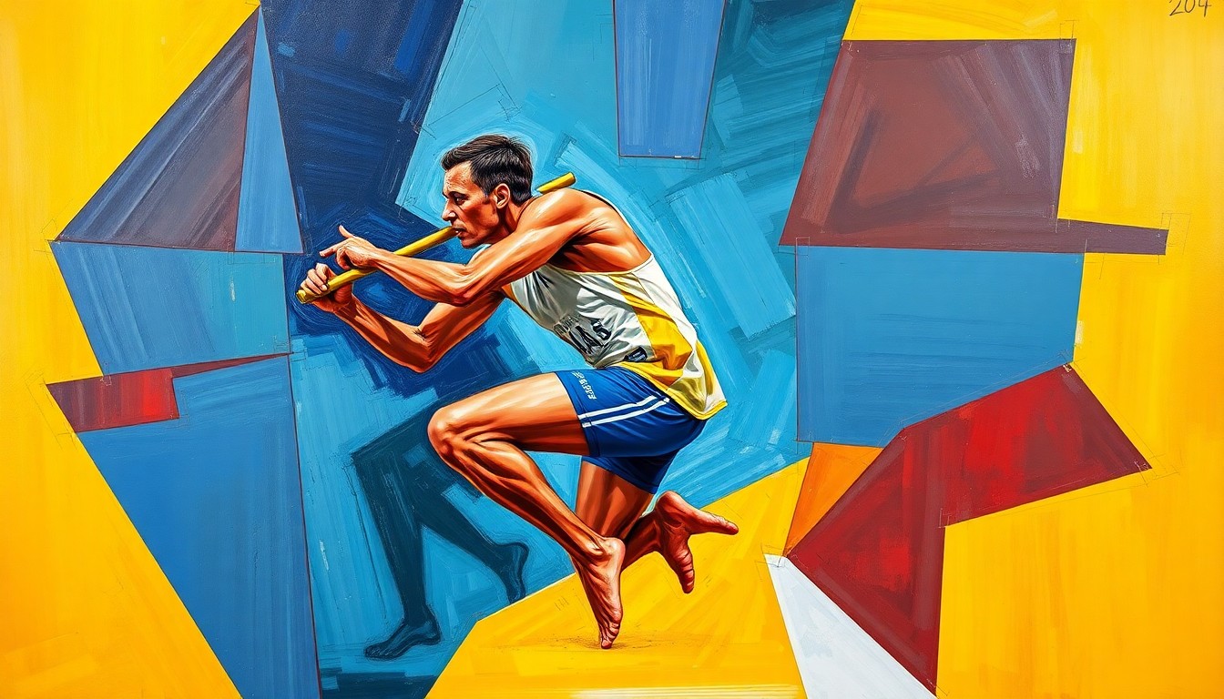 A cubist, geometric painting depicting the motion and energy of a javelin throw, with sharp planes of color and overlapping shapes representing the explosive action.