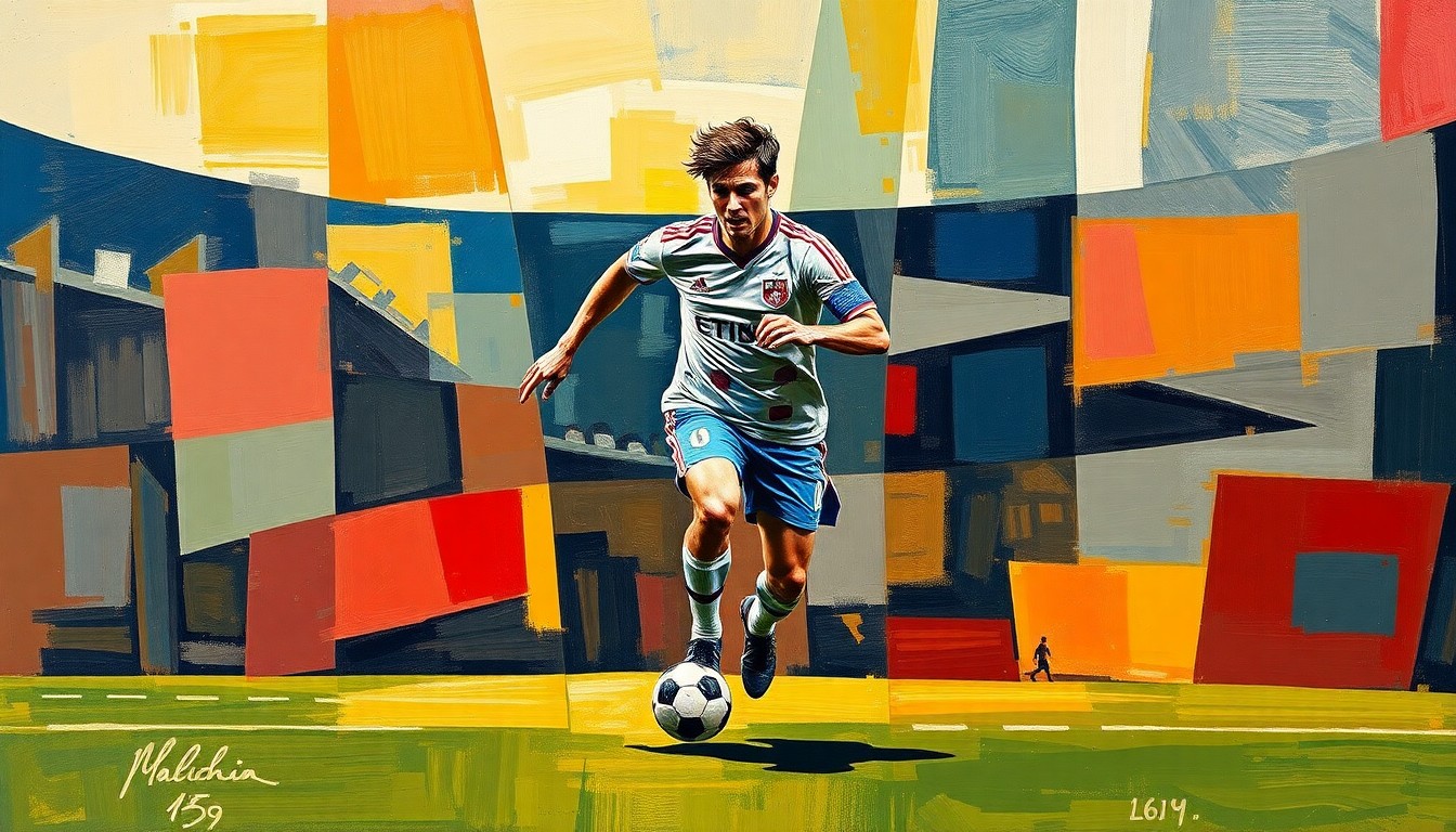 A fragmented, cubist-style painting depicting a soccer player in motion, with sharp geometric shapes and planes of color representing the dynamic energy of the sport.