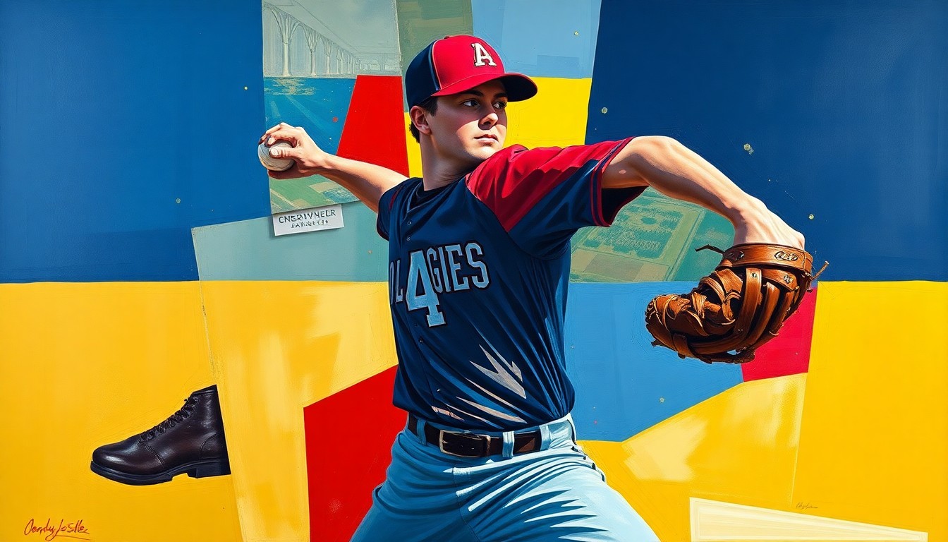 A fragmented, cubist-style painting depicting the various angles and movements of a college baseball pitcher's windup and delivery, rendered in bold, overlapping geometric shapes and vibrant colors.