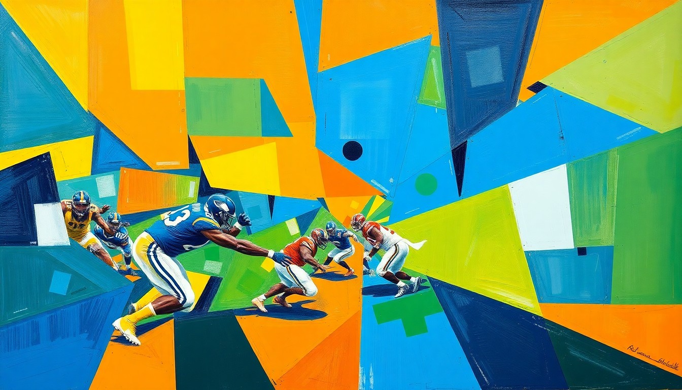 A cubist, geometric painting depicting an American football offensive line in action, with players and the ball fragmented into sharp, overlapping planes of blue, green, and orange.