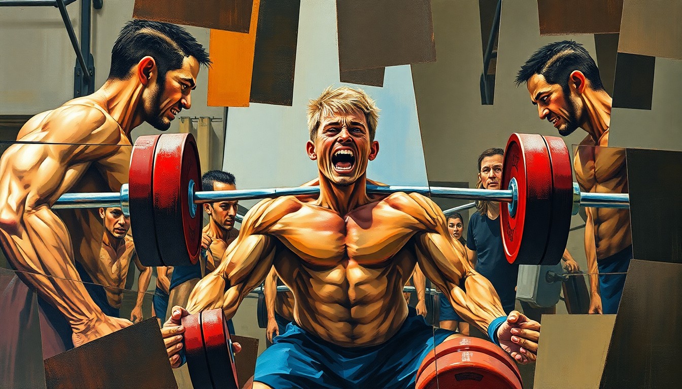 A cubist, geometric painting depicting the intense physicality and competitive spirit of a high school powerlifting event, with overlapping planes of muscular forms, barbells, and intense facial expressions.