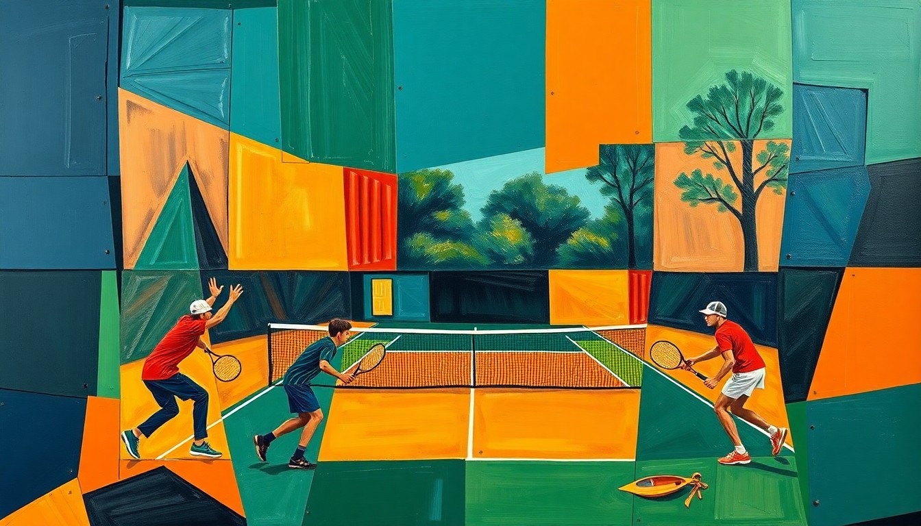 A cubist, geometric painting depicting a high school tennis match, with overlapping planes of navy, green, and orange representing the dynamic action on the court.