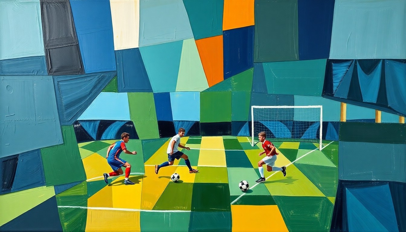 A fragmented, geometric painting in shades of blue, green, and orange, depicting the dynamic movement and energy of a high school soccer game.