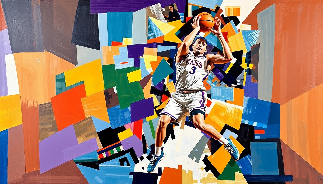 A cubist, geometric painting depicting the dynamic movements and energy of a basketball player, rendered in the bright purple and white colors of the Kansas State University team.