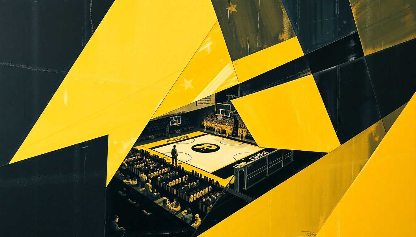 A cubist, geometric painting featuring overlapping planes of Purdue's gold and black team colors, abstractly depicting the intensity and emotion of a college basketball game.