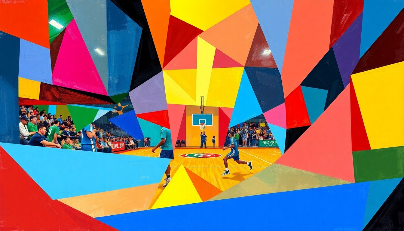 A cubist, geometric painting featuring overlapping planes of bright colors representing the official team colors of local high schools, conceptually illustrating the multi-faceted nature of high school sports competitions.