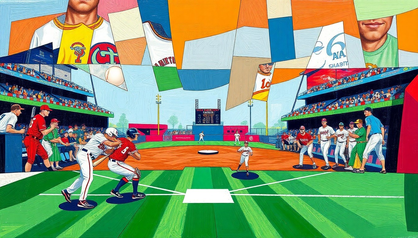 A cubist, geometric painting depicting a baseball game between two high school teams, with the players and field broken down into overlapping planes of bright, contrasting colors.