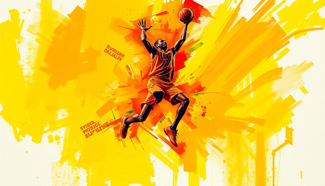 An abstract, neon-colored expressionist painting depicting a basketball player in mid-jump, their body dissolving into vibrant brushstrokes of yellow, orange, and red, capturing the raw energy and dynamism of the sport.
