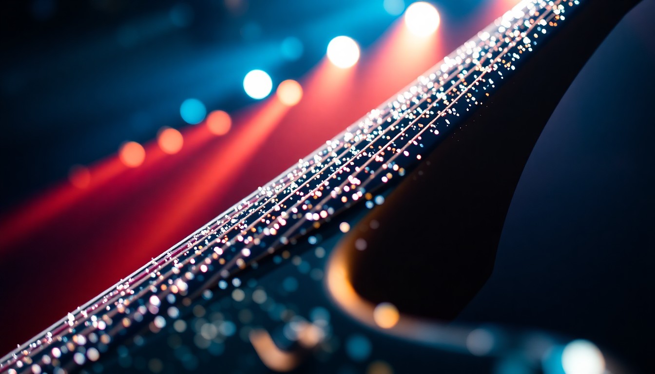 An abstract close-up image of shimmering, reflective guitar strings and stage lights, conveying the vibrant energy of a Weezer concert.