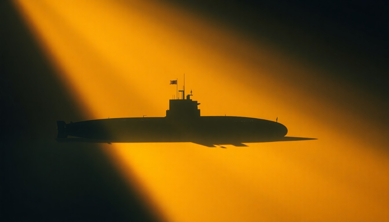 A serene, cinematic painting depicting the silhouette of a submarine in a warm, sunlit harbor, with deep shadows and a sense of quiet contemplation.