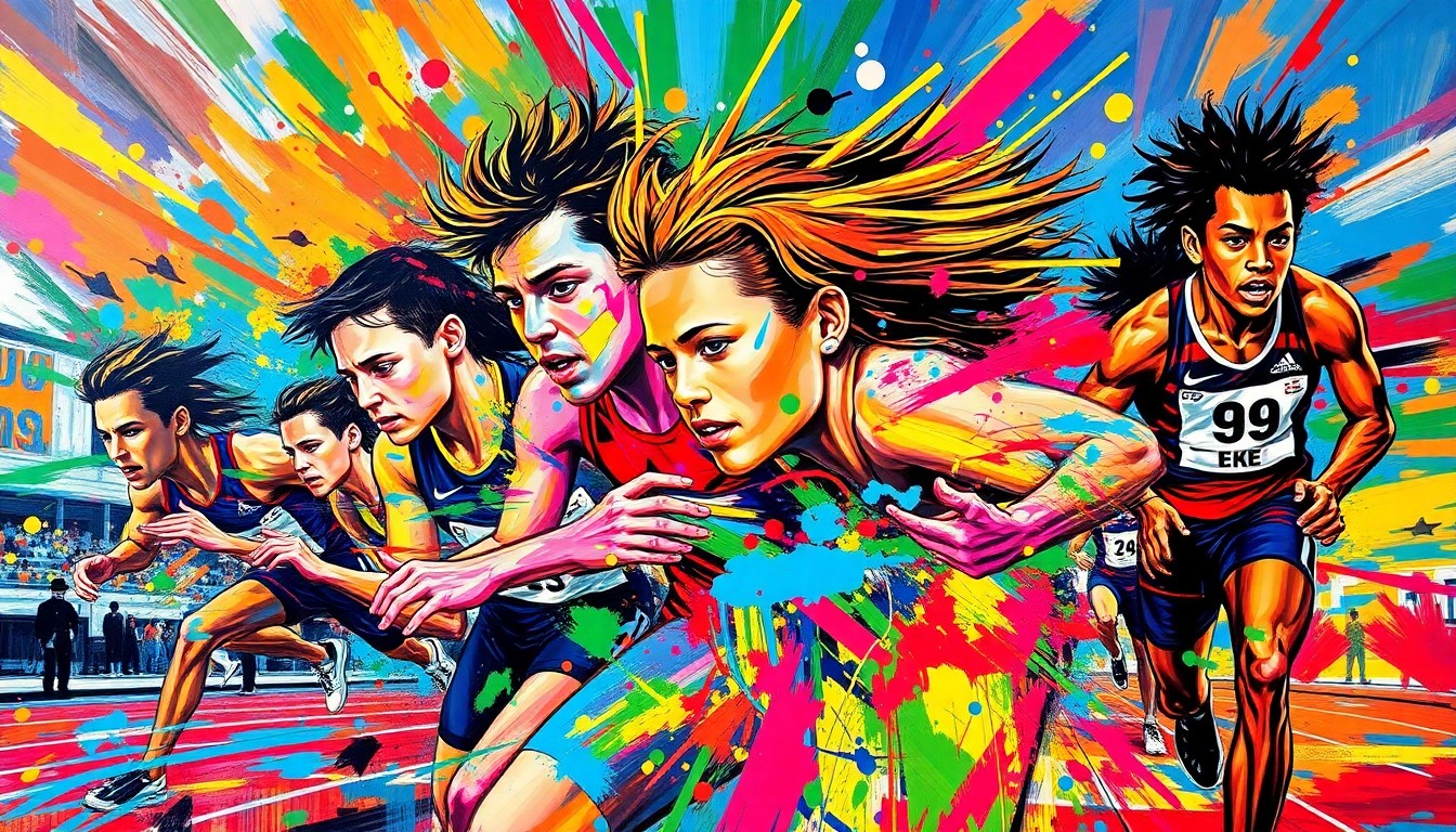 A dynamic, abstract painting in neon colors depicting the raw motion and energy of high school track and field events, with blurred figures and shapes representing the athletes.