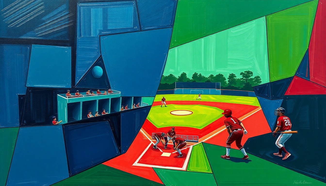 A fractured, cubist-style painting depicting a high school softball game, with the players and field broken down into sharp, overlapping geometric shapes in a palette of navy, green, and red, conceptually representing the debate around equity in high school athletics.