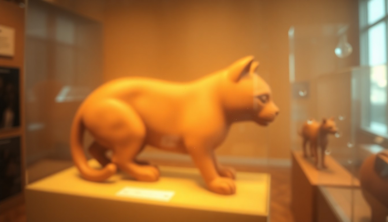 An extremely abstracted, out-of-focus close-up photograph of the carved wooden surface of the Key Marco Cat artifact, with the surrounding museum display blurred into a warm, hazy background, conveying the artifact's fragile beauty and cultural significance.